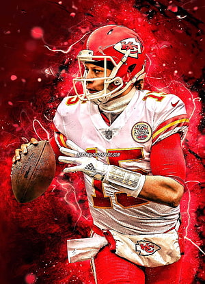 Patrick Mahomes in Kansas City Chiefs uniform holding football with red energy background HD phone wallpaper