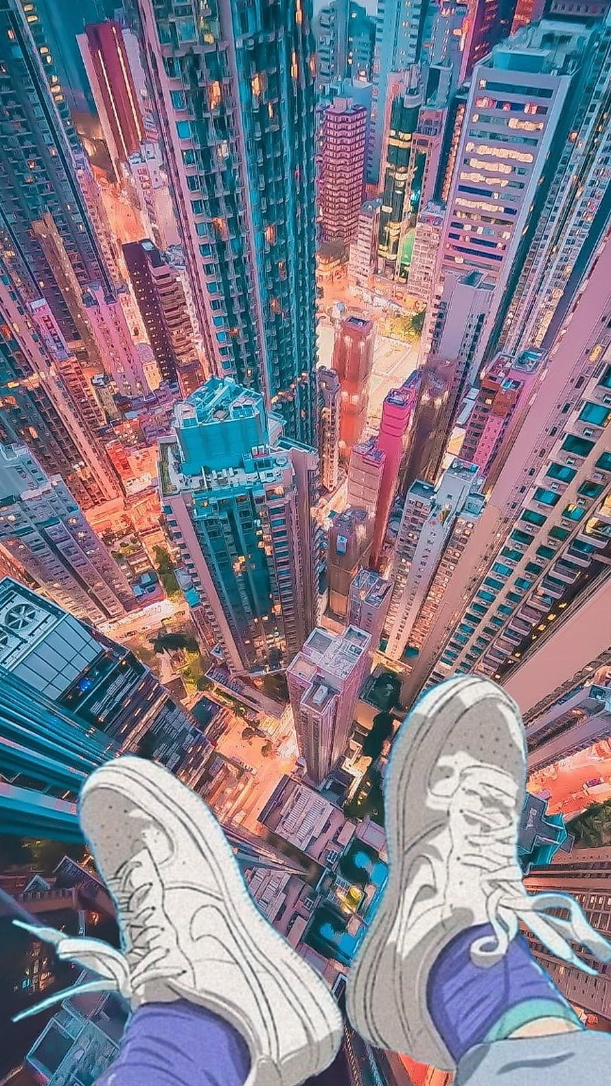 Anime Style Rooftop View of Dense Cityscape with Sneakers and Vibrant Neon Colors HD phone wallpaper