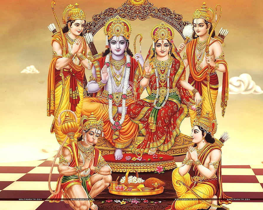 Ram Darbar Divine Family Portrait with Sita Lakshmana Hanuman and Bharat in Traditional Indian Art, Ram Darbar HD wallpaper