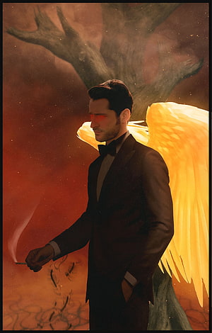 Lucifer Morningstar in a tuxedo with glowing red eyes and golden wings against a fiery backdrop HD phone wallpaper