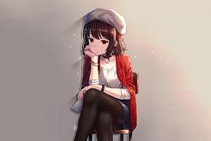 Anime Girl in Red Cardigan and White Beret Sitting on a Chair HD wallpaper
