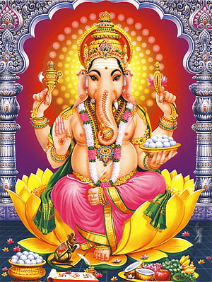 Ganesha Seated on Lotus with Mouse and Offerings in Traditional Indian Art Style HD phone wallpaper