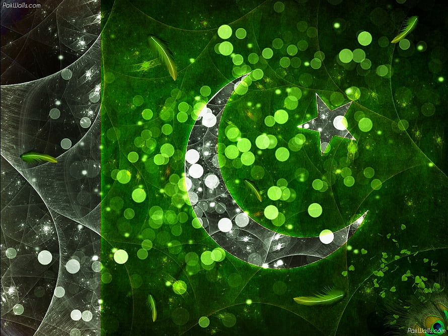 Green Crescent and Star with Bokeh Lights and Feathers on Dark Background HD wallpaper