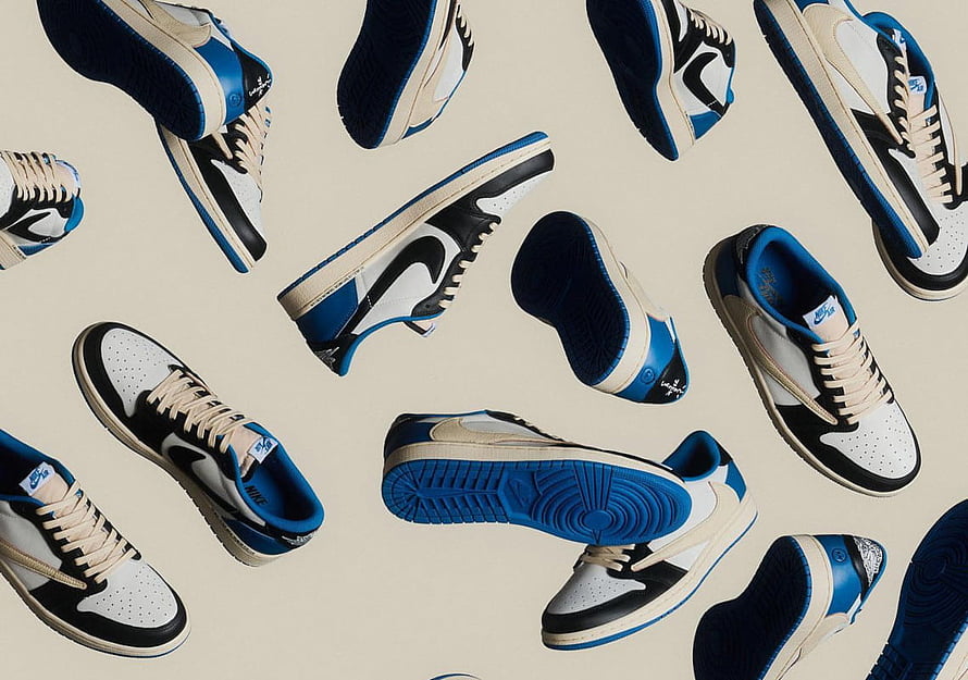 Travis Scott Fragment Air Jordan 1 Low OG Sneaker Pattern in Blue, Black, and White HD wallpaper