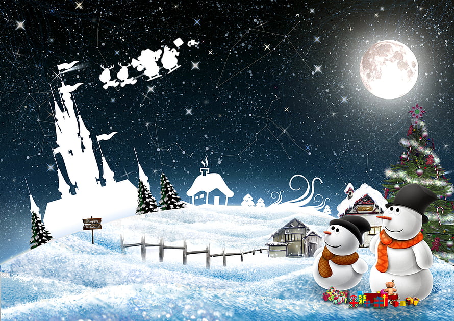 Magical Winter Night with Snowmen, Christmas Tree, and Santa's Sleigh Under a Full Moon HD wallpaper