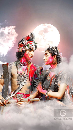 Radha Krishna Portrait With Full Moon And Colorful Holi Paints HD phone wallpaper