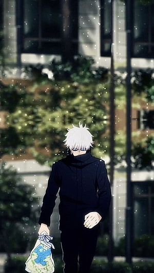 Gojo Satoru Walking Through Rainy City Street in Black Coat HD phone wallpaper