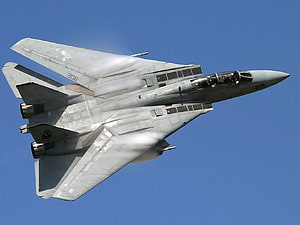 Grumman F-14 Tomcat fighter jet banking in clear blue sky with afterburners HD wallpaper