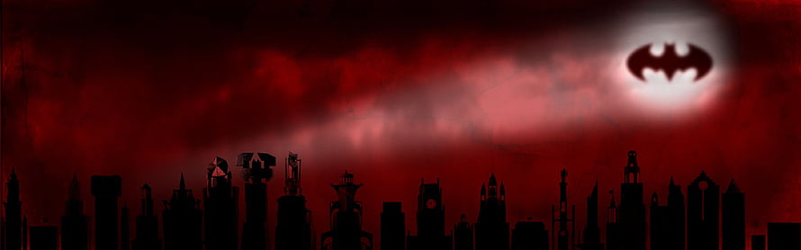 Gotham City skyline silhouette under a blood-red sky with the Batman symbol glowing in the clouds HD wallpaper
