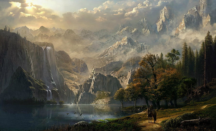 Lord of the Rings Fantasy Landscape with Mountain Castle and Waterfall HD wallpaper