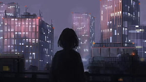 Melancholic Anime Girl Silhouette Gazing at Rainy City Skyline at Night HD wallpaper