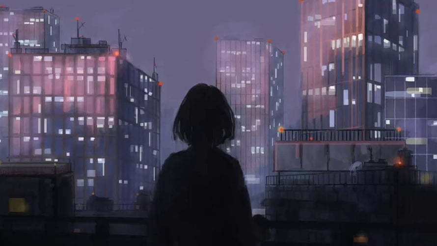 Melancholic Anime Girl Silhouette Gazing at Rainy City Skyline at Night HD wallpaper