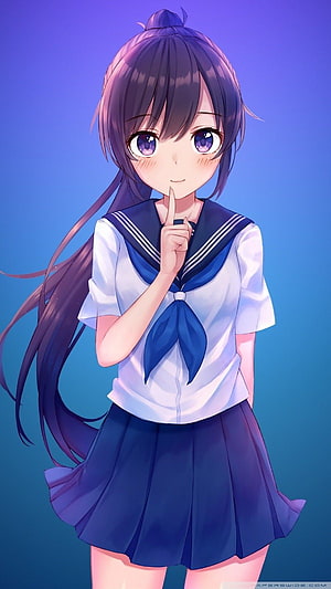 Anime Girl in Sailor Uniform with Finger to Lips on Blue Gradient Background HD phone wallpaper