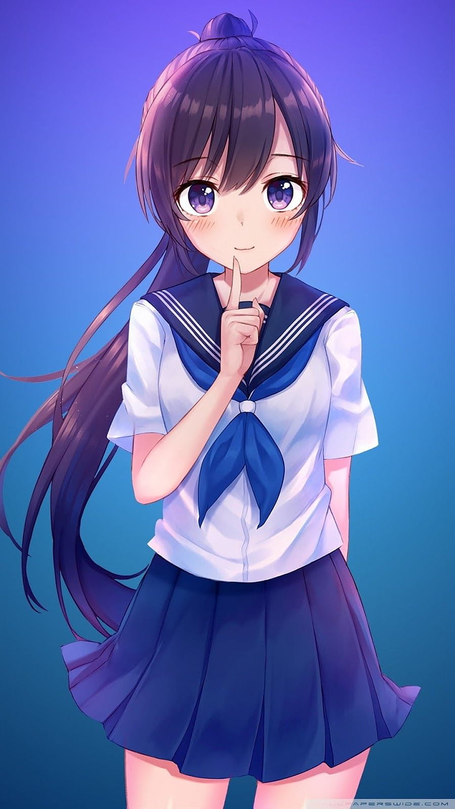 Anime Girl in Sailor Uniform with Finger to Lips on Blue Gradient Background HD phone wallpaper