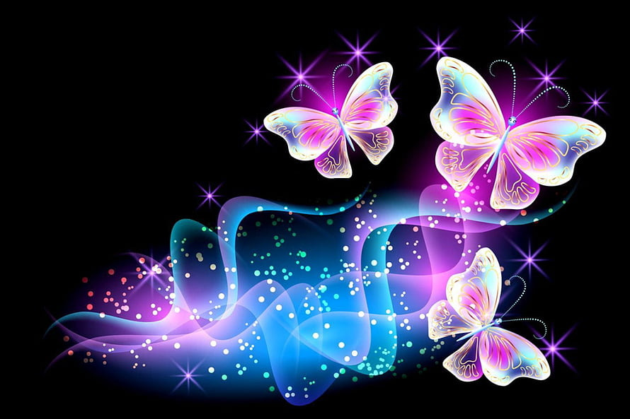 Glowing Neon Butterflies with Sparkling Ribbons on Black Background HD wallpaper