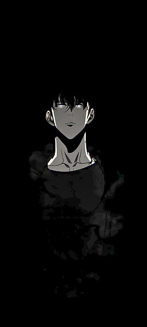 Sung Jinwoo from Solo Leveling in a dark monochrome anime portrait with glowing eyes HD phone wallpaper