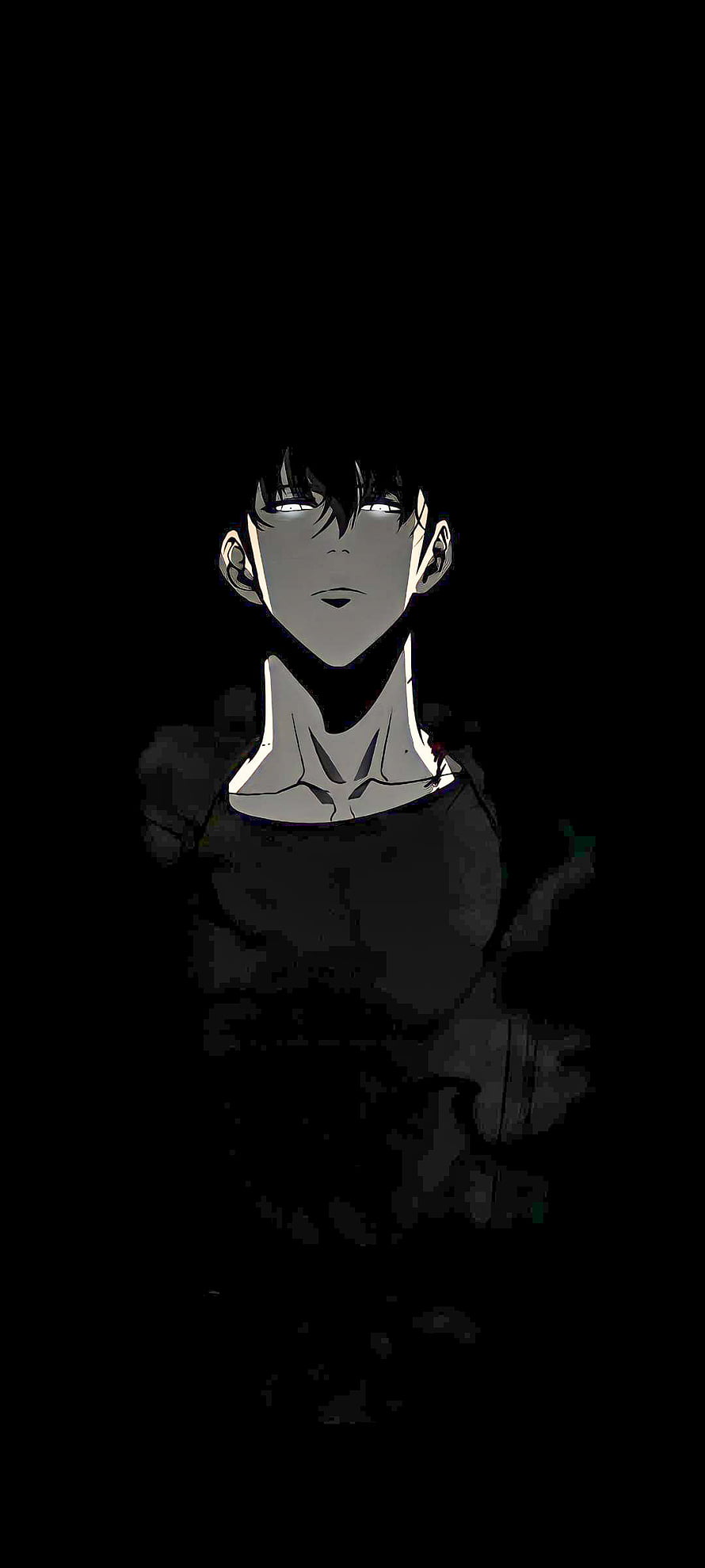 Sung Jinwoo from Solo Leveling in a dark monochrome anime portrait with glowing eyes HD phone wallpaper