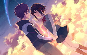 Anime Couple Sharing a Tender Moment Against a Vibrant Sunset Sky HD wallpaper