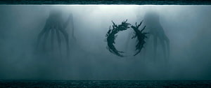 Arrival Movie Scene with Heptapod Symbols and Alien Figures in Misty Fog HD wallpaper