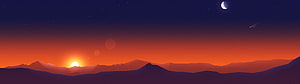 Stylized Mountain Sunset Panorama with Crescent Moon and Shooting Star HD wallpaper