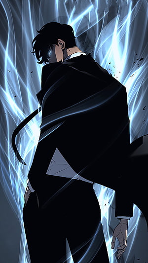 Solo Leveling Anime Character in Black Suit with Blue Energy Aura HD phone wallpaper