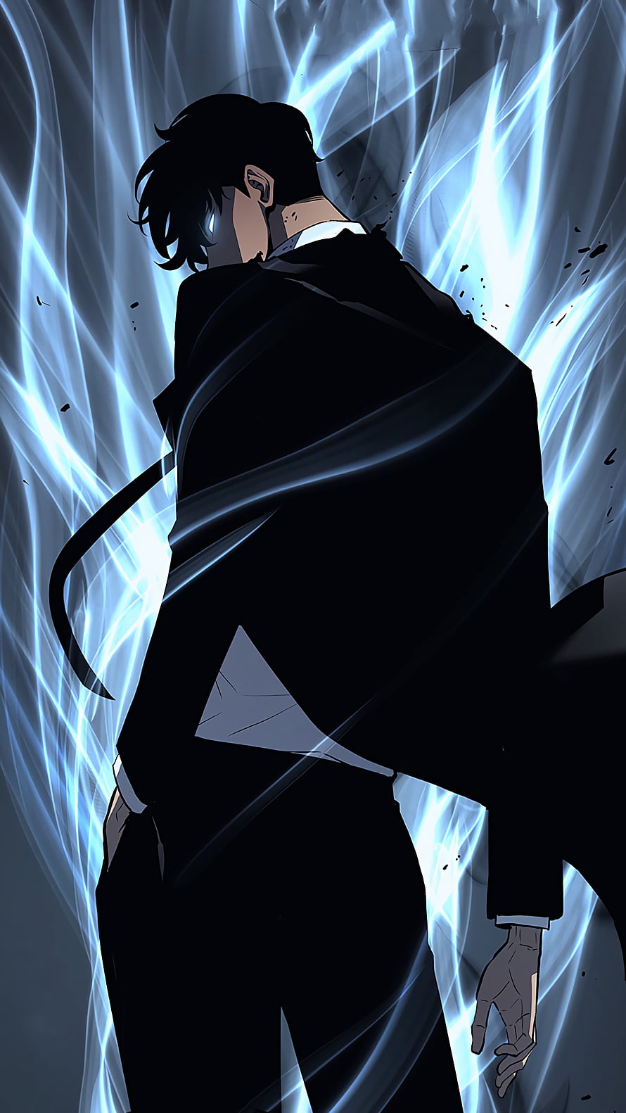 Solo Leveling Anime Character in Black Suit with Blue Energy Aura HD phone wallpaper