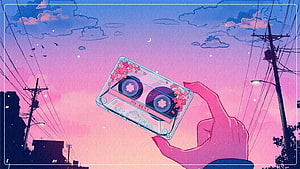 Hand Holding Cassette Tape Against Pastel Sunset Sky with Power Lines and Clouds HD wallpaper