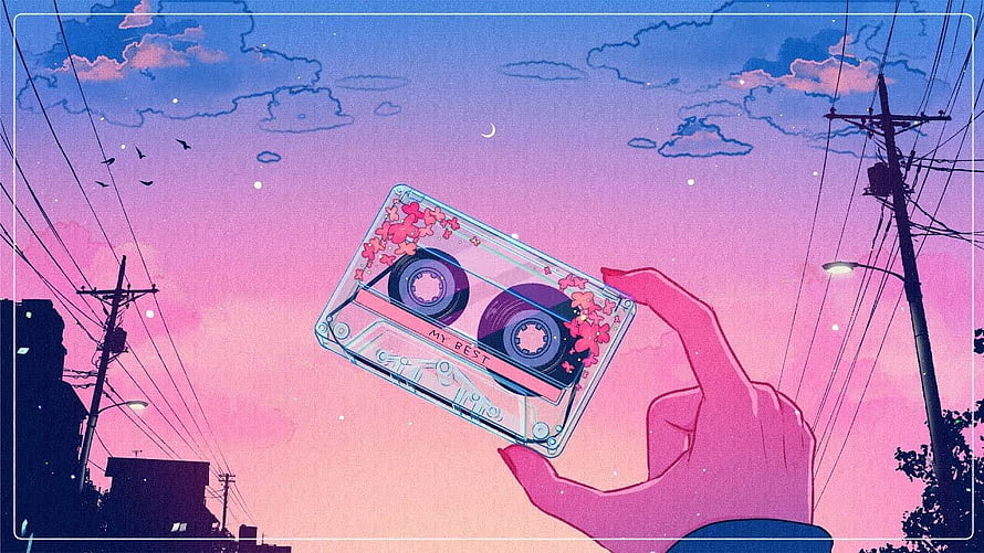 Hand Holding Cassette Tape Against Pastel Sunset Sky with Power Lines and Clouds HD wallpaper