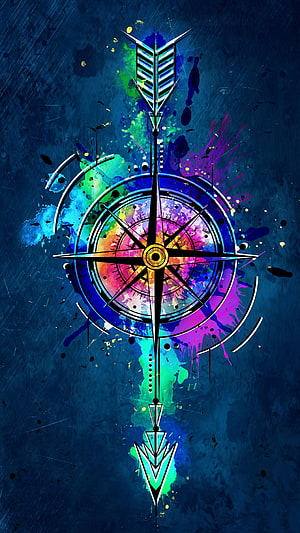 Vibrant Neon Compass Arrow Artwork with Colorful Paint Splatter on Dark Blue Background HD phone wallpaper