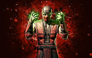 Classic Ermac from Mortal Kombat channeling green energy against a fiery red backdrop HD wallpaper