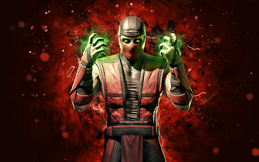Classic Ermac from Mortal Kombat channeling green energy against a fiery red backdrop HD wallpaper