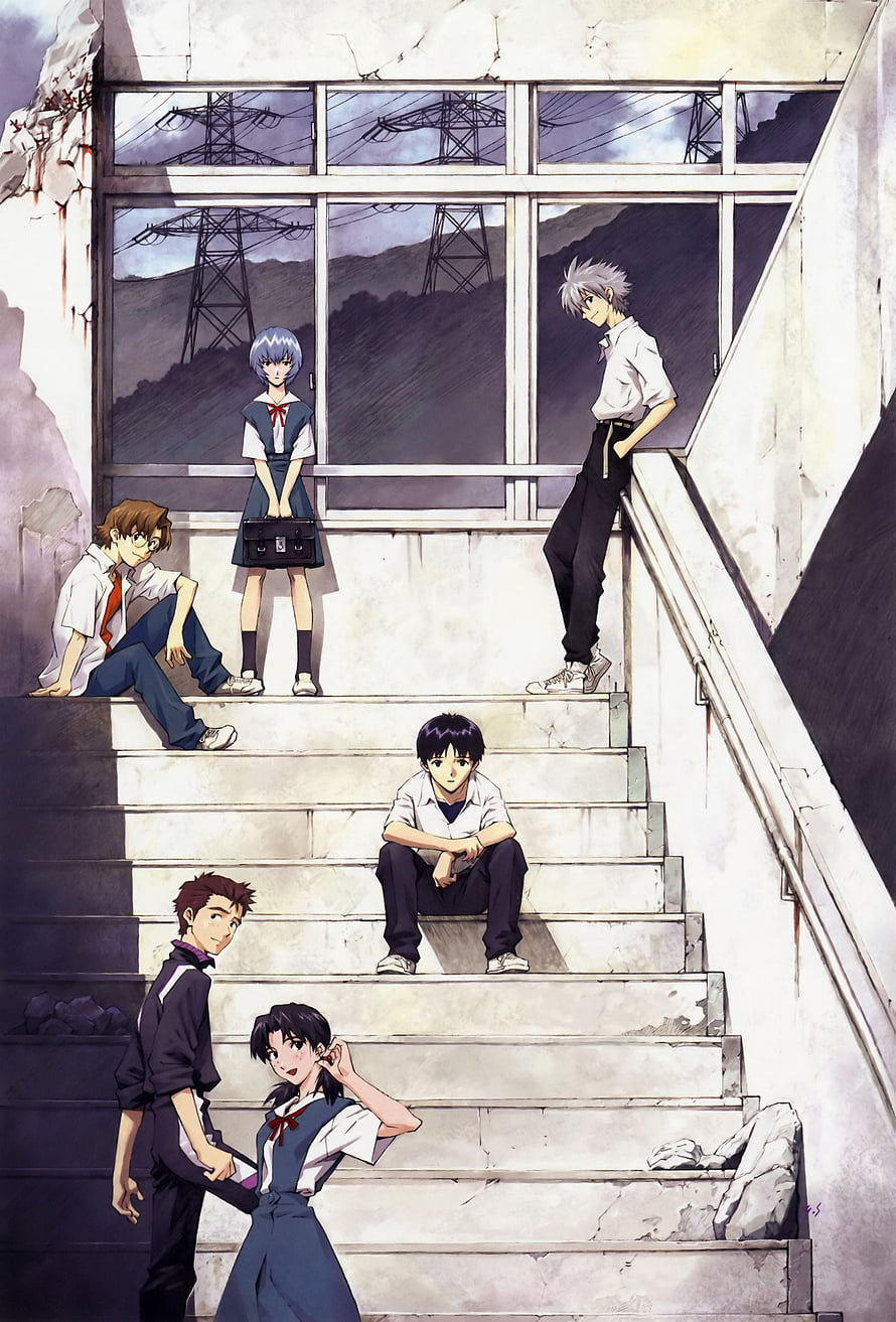 Neon Genesis Evangelion Characters on Ruined Concrete Staircase HD phone wallpaper
