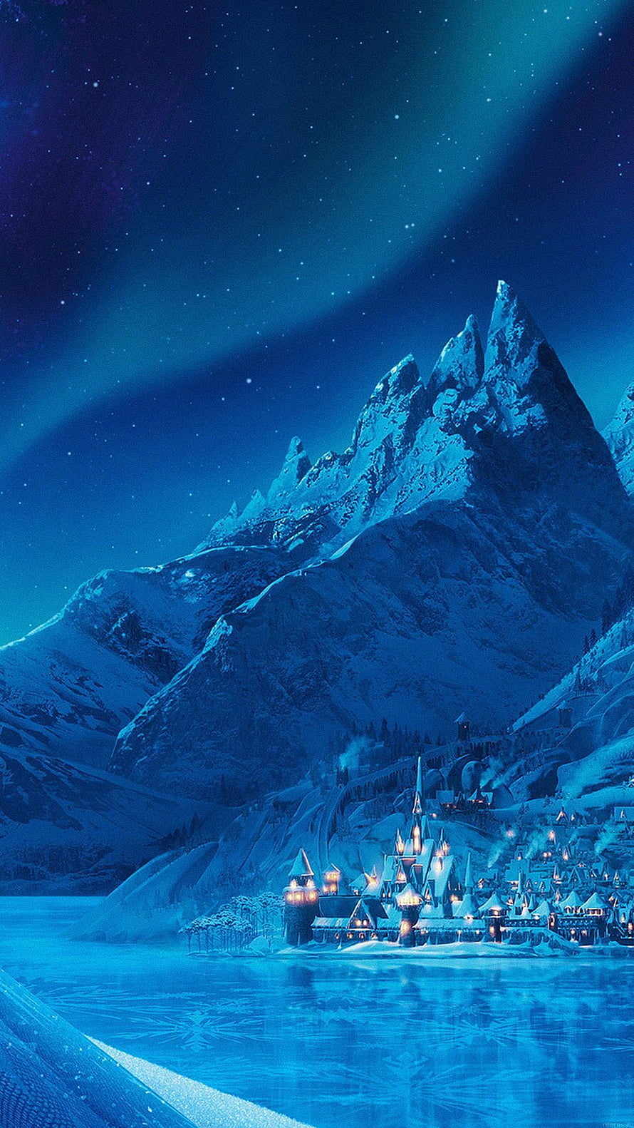 Frozen Arendelle Castle at Night with Aurora Borealis and Snowy Mountains HD phone wallpaper