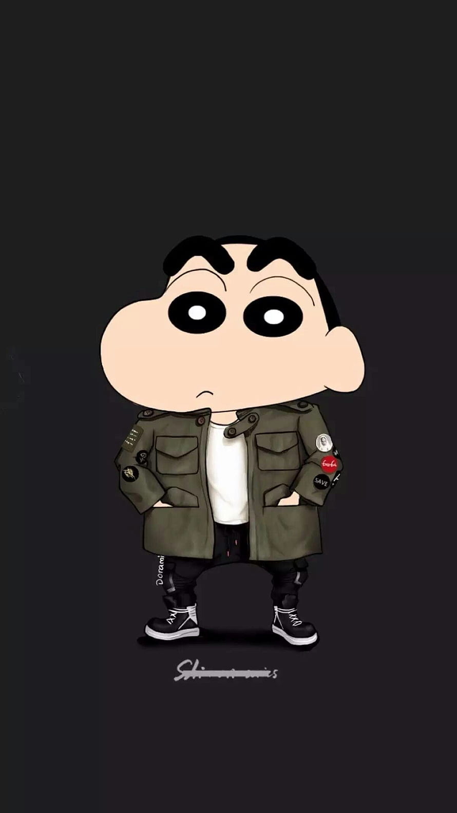 Shin-chan in Streetwear Jacket and Sneakers on Dark Background HD phone wallpaper