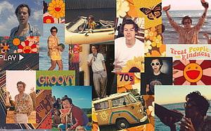 Harry Styles 70s Groovy Collage with Vintage VW Van and Retro Flowers HD wallpaper