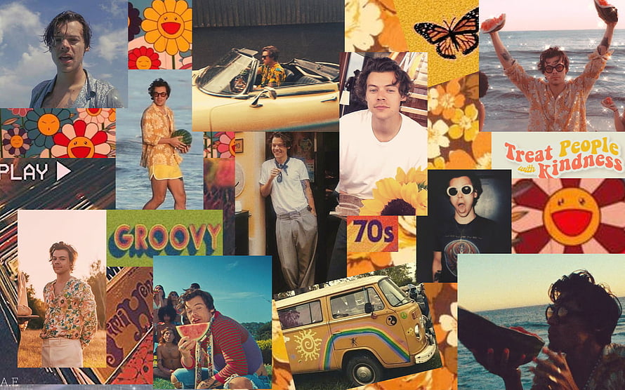Harry Styles 70s Groovy Collage with Vintage VW Van and Retro Flowers HD wallpaper