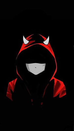 Mysterious Hooded Figure with Red Devil Horns and White Mask on Black Background HD phone wallpaper