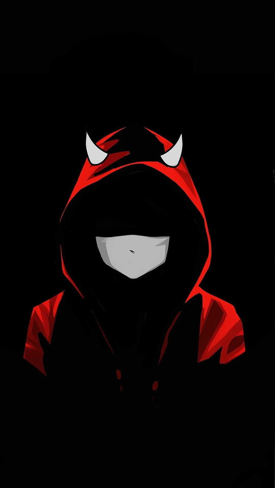 Mysterious Hooded Figure with Red Devil Horns and White Mask on Black Background HD phone wallpaper