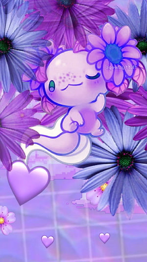 Cute Kawaii Axolotl Character Surrounded by Purple Flowers and Hearts HD phone wallpaper