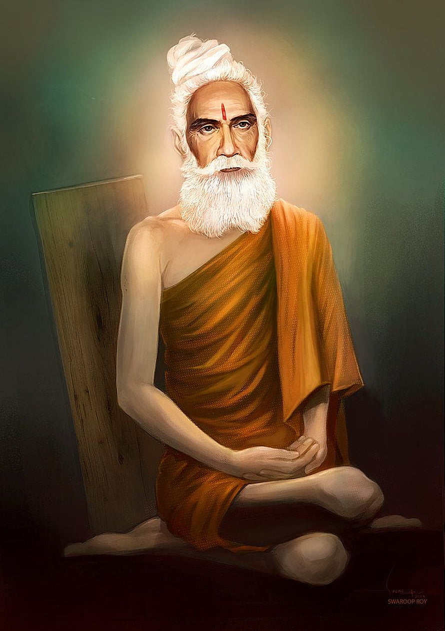 Lokenath Baba Portrait in Orange Saffron Robe with White Beard and Meditative Aura HD phone wallpaper