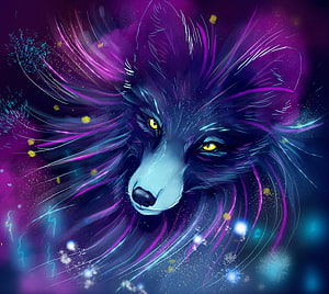 Neon Wolf Portrait with Glowing Yellow Eyes and Cosmic Purple Energy HD wallpaper