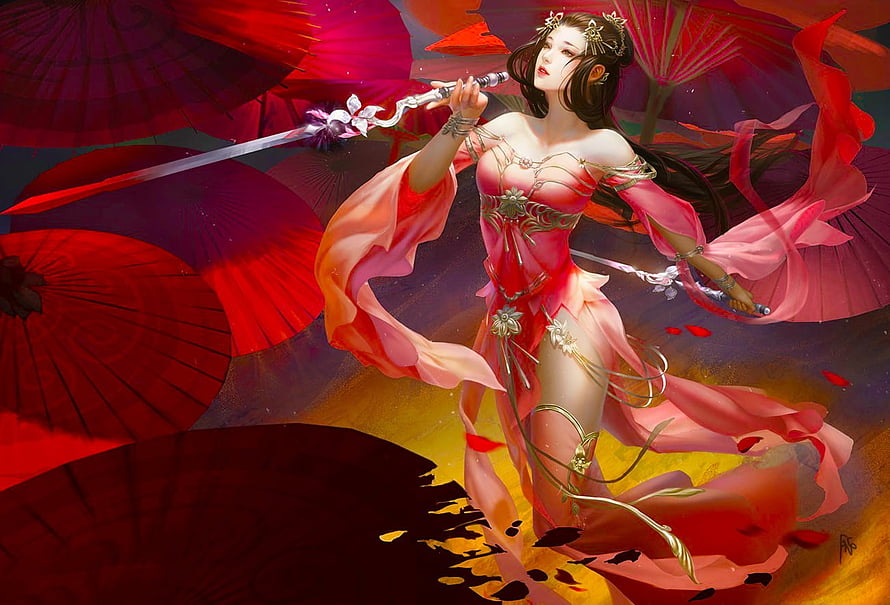 Elegant Red Warrior Woman Wielding Dual Swords Amidst Floating Umbrellas HD wallpaper
