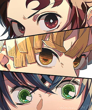 Demon Slayer Trio Close-Up: Tanjiro, Zenitsu, and Inosuke Anime Eye Art HD phone wallpaper