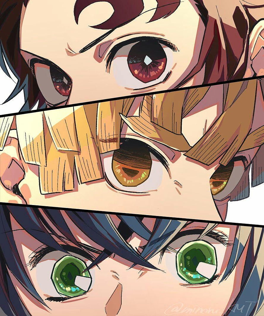 Demon Slayer Trio Close-Up: Tanjiro, Zenitsu, and Inosuke Anime Eye Art HD phone wallpaper