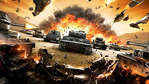 World Of Tanks Battlefield Explosion With Armored Vehicles In Desert Combat HD wallpaper