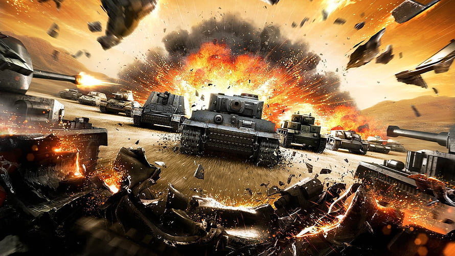 World Of Tanks Battlefield Explosion With Armored Vehicles In Desert Combat HD wallpaper