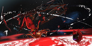 Asuka Langley Soryu and EVA Unit 02 in Dramatic Space Battle Above Red Planet HD wallpaper