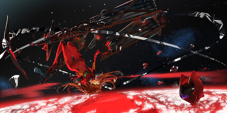 Asuka Langley Soryu and EVA Unit 02 in Dramatic Space Battle Above Red Planet HD wallpaper