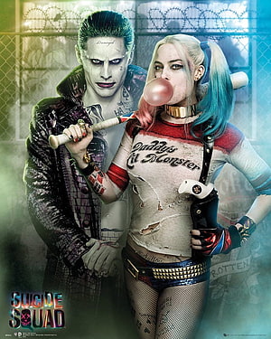 Joker and Harley Quinn in Suicide Squad promotional poster with baseball bat and bubblegum HD phone wallpaper