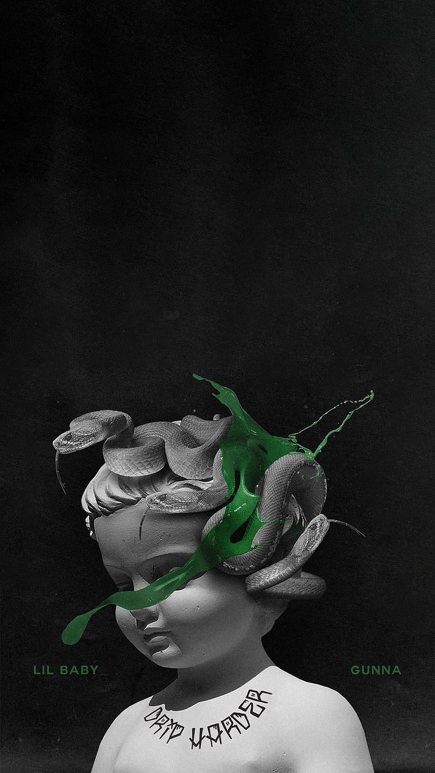 Drip Harder Album Cover Art Featuring Medusa Statue and Green Paint Splash HD phone wallpaper